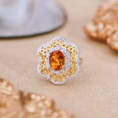 Glojewels Two-Tone Floral Statement Natural Citrine Oval Cut Silver Ring