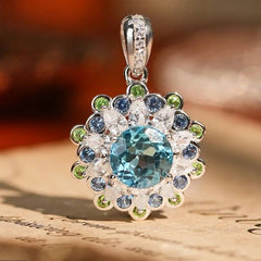 Glojewels Floral-Inspired Halo Blue Natural Topaz Round Cut Silver Pendant Necklace