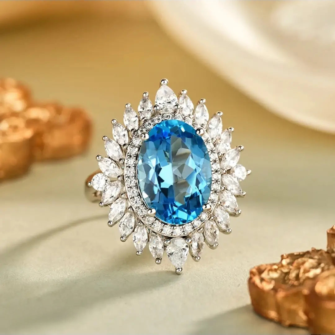 Glojewels Flower Double Halo Blue Natural Topaz Oval Cut Silver Ring
