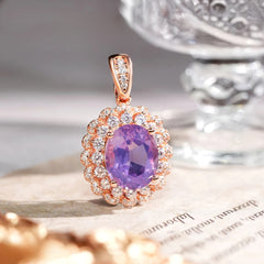 Glojewels Rose Gold Double Halo Purple Natural Amethyst Oval Cut Silver Pendant Necklace