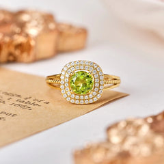 Glojewels Gold Double Halo Green Natural Peridot Cushion Cut Silver Ring