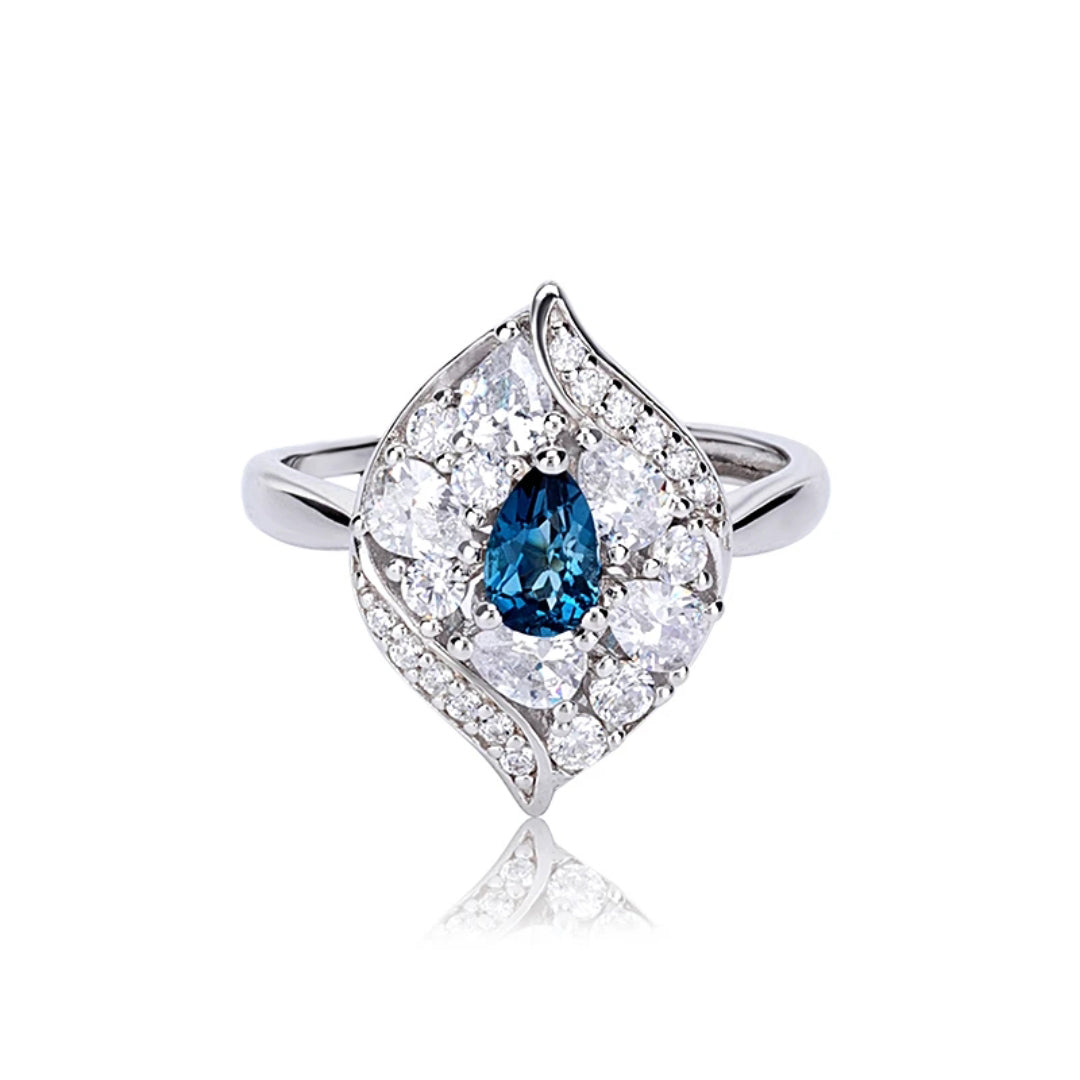 Glojewels Leaf Design London Blue Natural Topaz Pear Cut Silver Ring