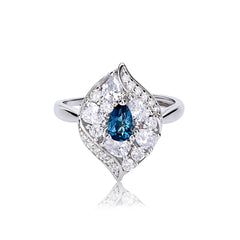 Glojewels Leaf Design London Blue Natural Topaz Pear Cut Silver Ring