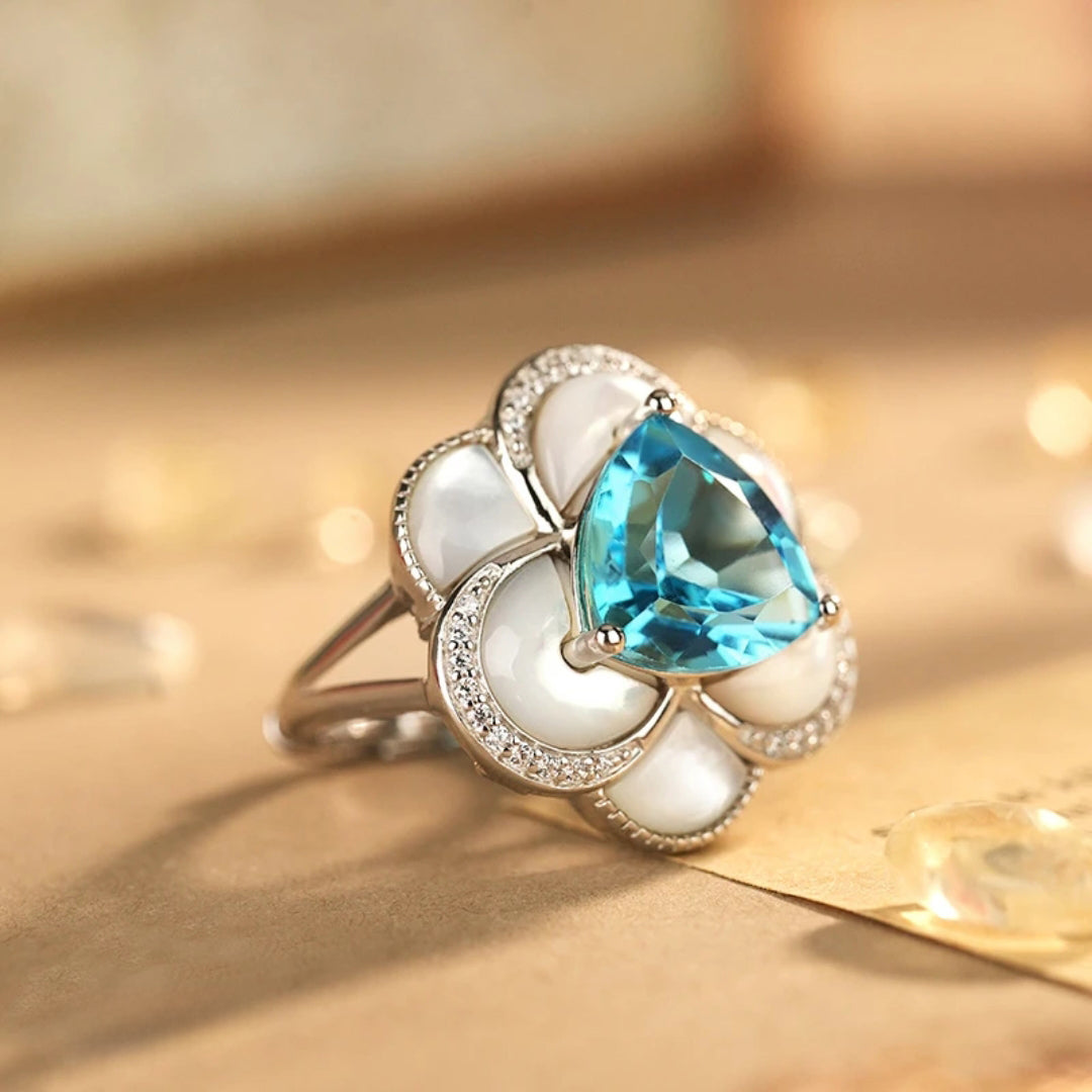 Glojewels Halo Flower Design Blue Natural Topaz Triangle Cut Silver Ring