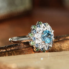 Glojewels Halo Flower Design Aqua Blue  Natural Topaz Round Cut Silver Ring