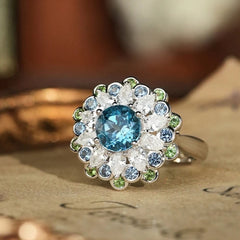 Glojewels Halo Flower Design Aqua Blue  Natural Topaz Round Cut Silver Ring