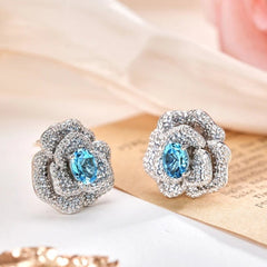 Glojewels Romantic Blossom Cluster Aqua Blue Natural Topaz Oval Cut Silver Stud Earring