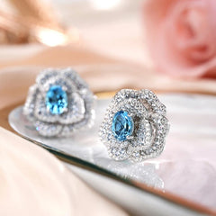 Glojewels Romantic Blossom Cluster Aqua Blue Natural Topaz Oval Cut Silver Stud Earring