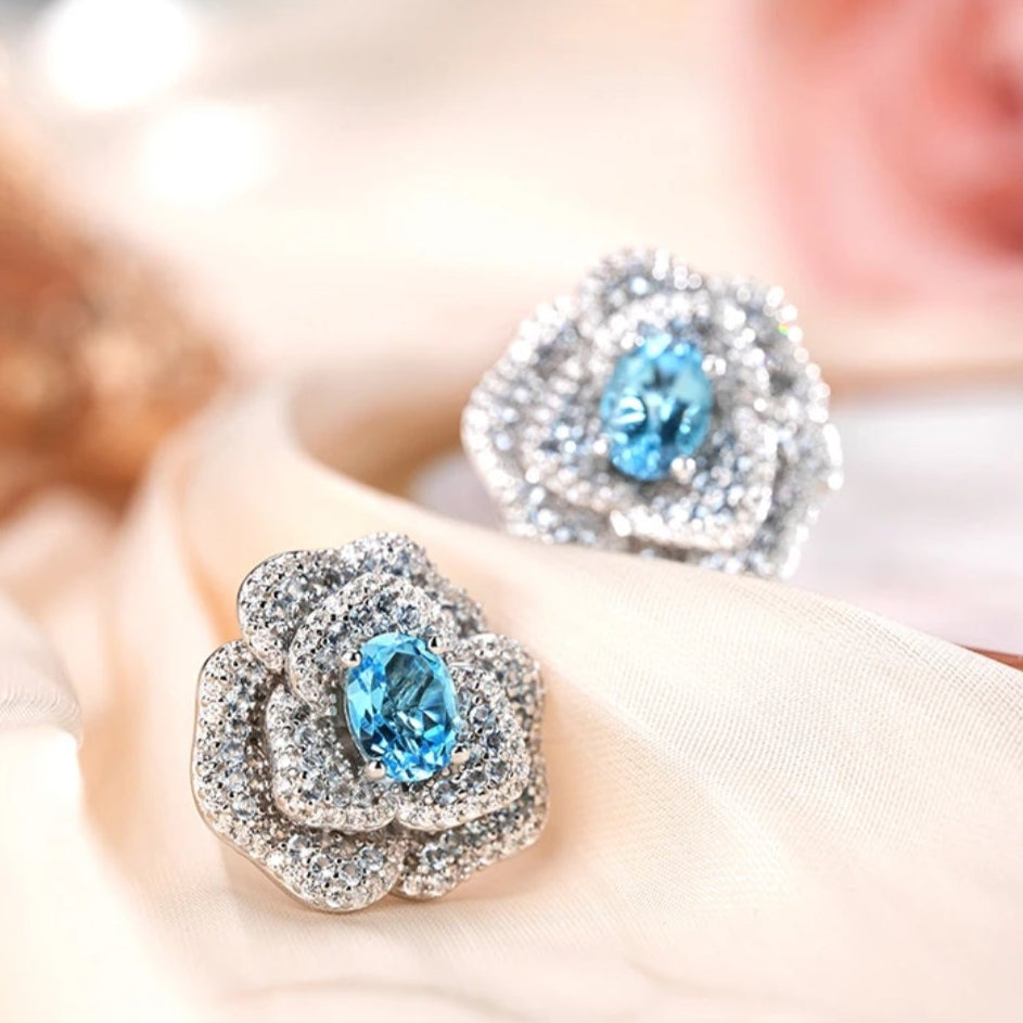 Glojewels Romantic Blossom Cluster Aqua Blue Natural Topaz Oval Cut Silver Stud Earring