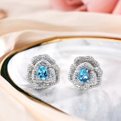 Glojewels Romantic Blossom Cluster Aqua Blue Natural Topaz Oval Cut Silver Stud Earring
