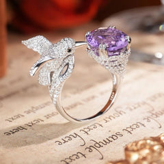 Glojewels Art Deco Bird-Inspired Purple Natural Amethyst Oval Cut Silver Ring