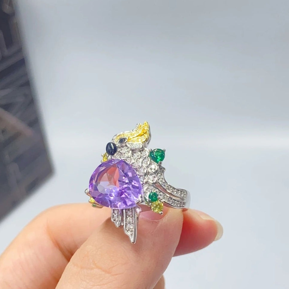 Glojewels Vintage Luxury Purple Natural Amethyst Pear Cut Silver Ring