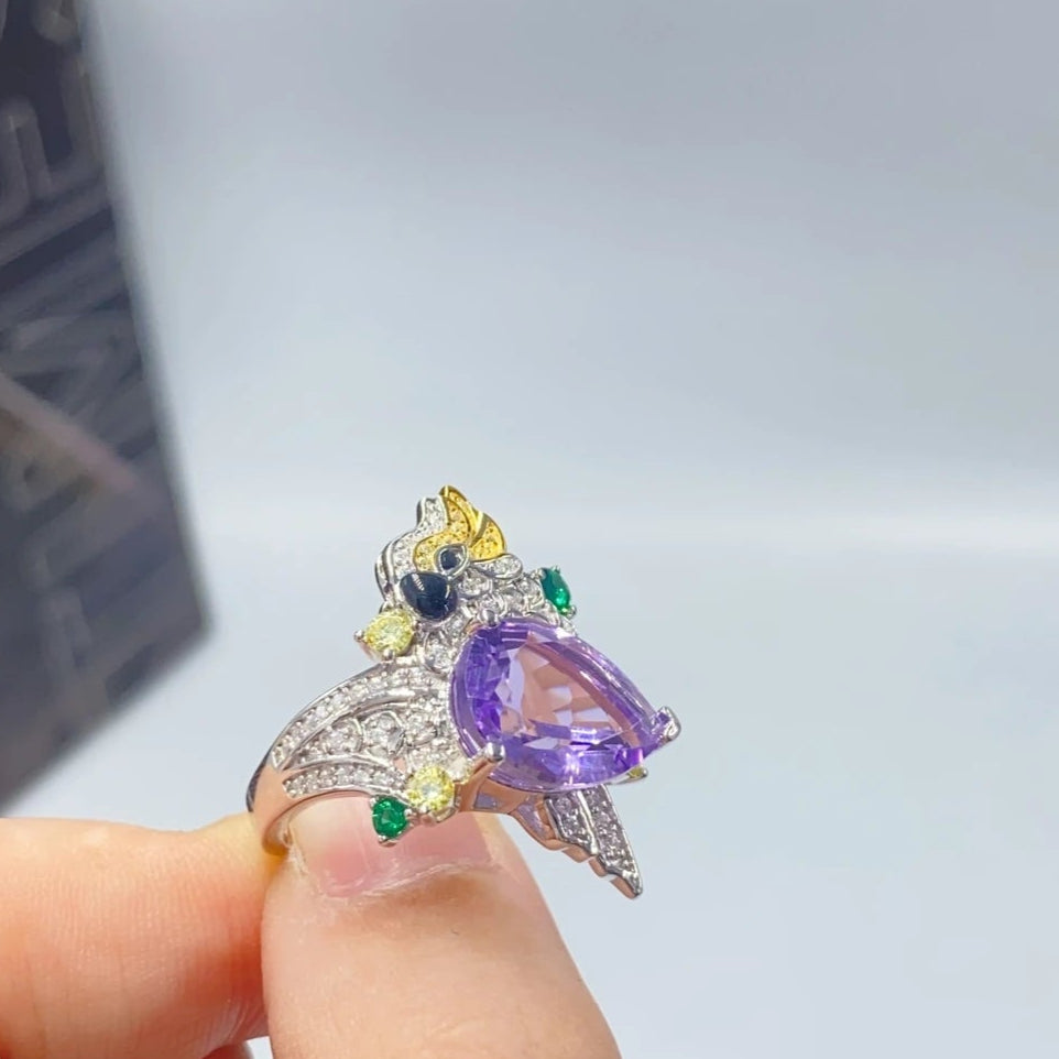 Glojewels Vintage Luxury Purple Natural Amethyst Pear Cut Silver Ring