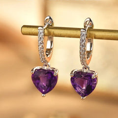 Glojewels Timeless Elegance Purple Natural Amethyst Heart Cut Silver Hoop&Drop Earring