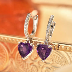 Glojewels Timeless Elegance Purple Natural Amethyst Heart Cut Silver Hoop&Drop Earring