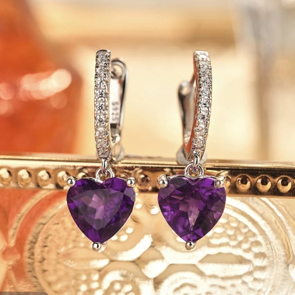 Glojewels Timeless Elegance Purple Natural Amethyst Heart Cut Silver Hoop&Drop Earring