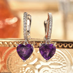 Glojewels Timeless Elegance Purple Natural Amethyst Heart Cut Silver Hoop&Drop Earring