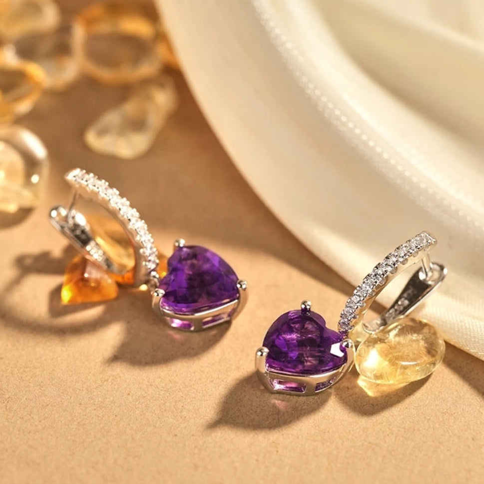 Glojewels Timeless Elegance Purple Natural Amethyst Heart Cut Silver Hoop&Drop Earring