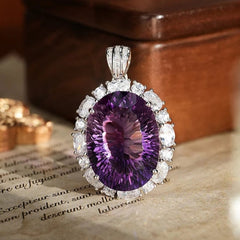 Glojewels Timeless Halo Purple Natural Amethyst Oval Cut Silver Pendant Necklace