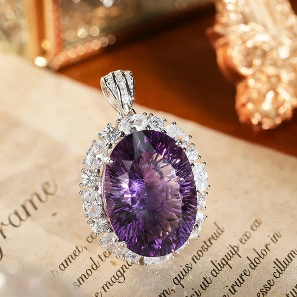 Glojewels Timeless Halo Purple Natural Amethyst Oval Cut Silver Pendant Necklace