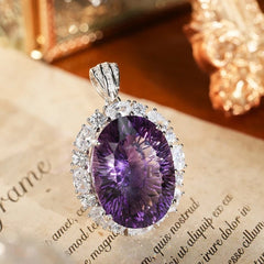 Glojewels Timeless Halo Purple Natural Amethyst Oval Cut Silver Pendant Necklace