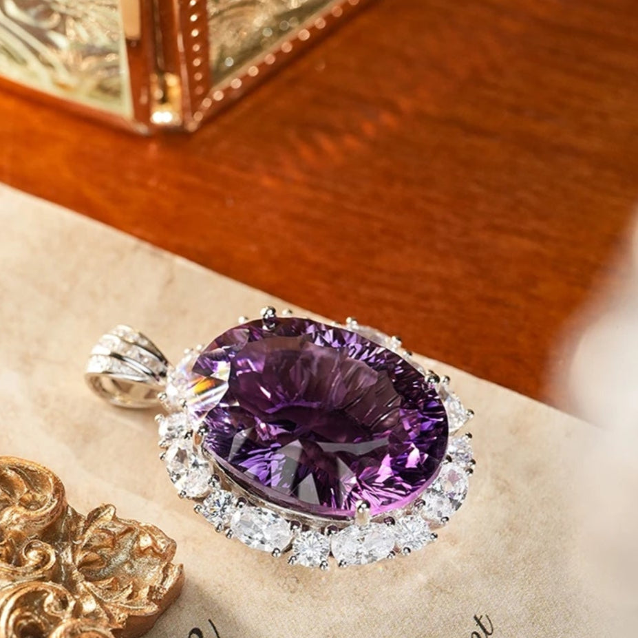 Glojewels Timeless Halo Purple Natural Amethyst Oval Cut Silver Pendant Necklace
