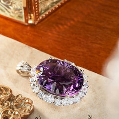 Glojewels Timeless Halo Purple Natural Amethyst Oval Cut Silver Pendant Necklace