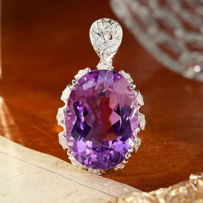 Glojewels Royal Purple Natural Amethyst Oval Cut Silver Pendant Necklace