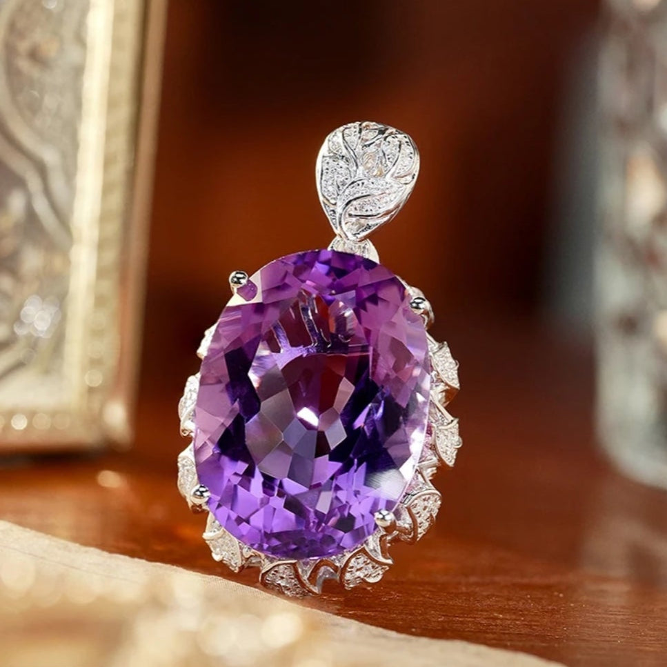 Glojewels Royal Purple Natural Amethyst Oval Cut Silver Pendant Necklace