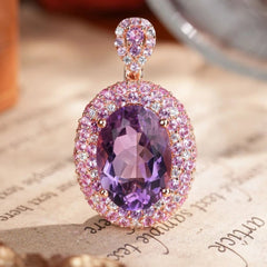 Glojewels Rose Gold Vintage Double Halo Purple Natural Amethyst Oval Cut Silver Pendant Necklace