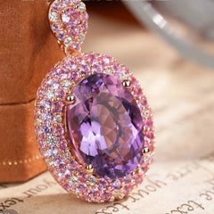 Glojewels Rose Gold Vintage Double Halo Purple Natural Amethyst Oval Cut Silver Pendant Necklace