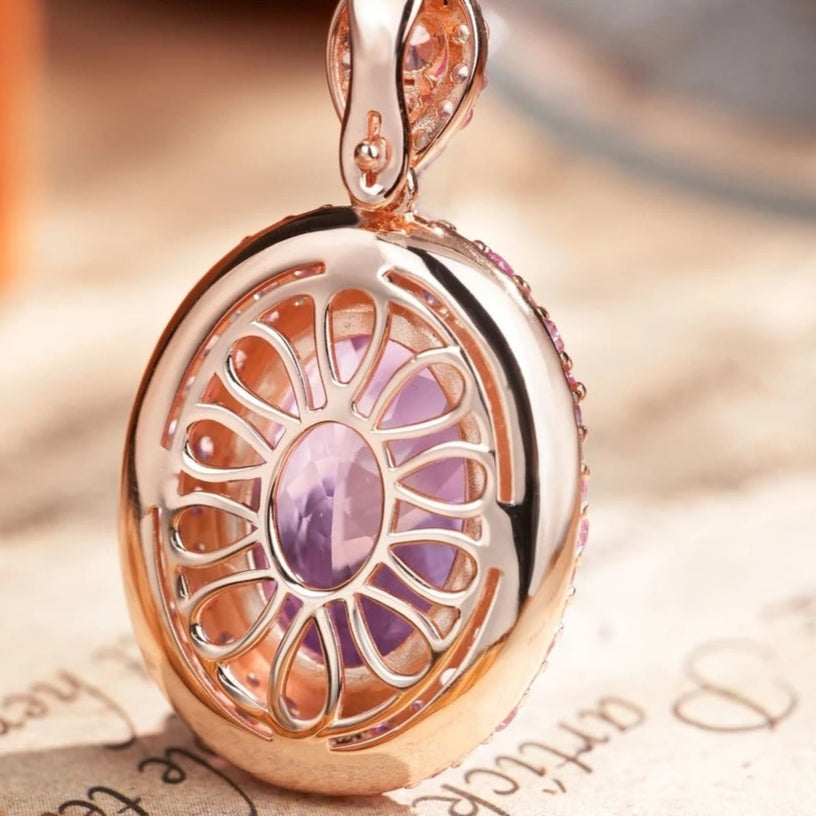 Glojewels Rose Gold Vintage Double Halo Purple Natural Amethyst Oval Cut Silver Pendant Necklace
