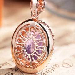 Glojewels Rose Gold Vintage Double Halo Purple Natural Amethyst Oval Cut Silver Pendant Necklace