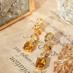 Glojewels Gold Stylish Curved Yellow Natural Citrine Oval Cut Dangle Earring