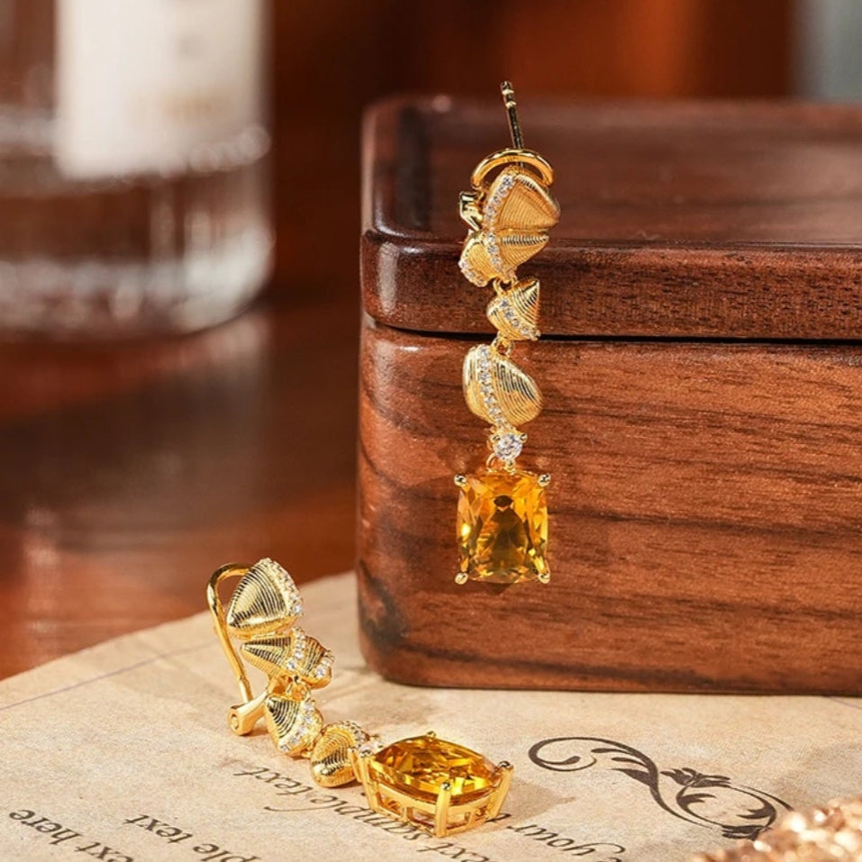 Glojewels Gold Stylish Curved Yellow Natural Citrine Oval Cut Dangle Earring