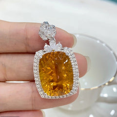 Glojewels Vintage Double Halo Yellow Natural Citrine Cushion Cut Silver Pendant Necklace