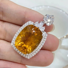 Glojewels Vintage Double Halo Yellow Natural Citrine Cushion Cut Silver Pendant Necklace
