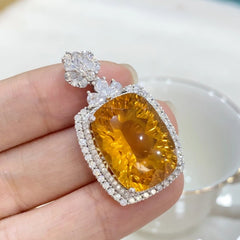 Glojewels Vintage Double Halo Yellow Natural Citrine Cushion Cut Silver Pendant Necklace
