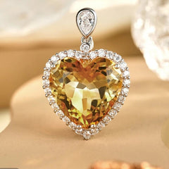 Glojewels Stunning Halo Yellow Natural Citrine Heart Cut Silver Pendant Necklace
