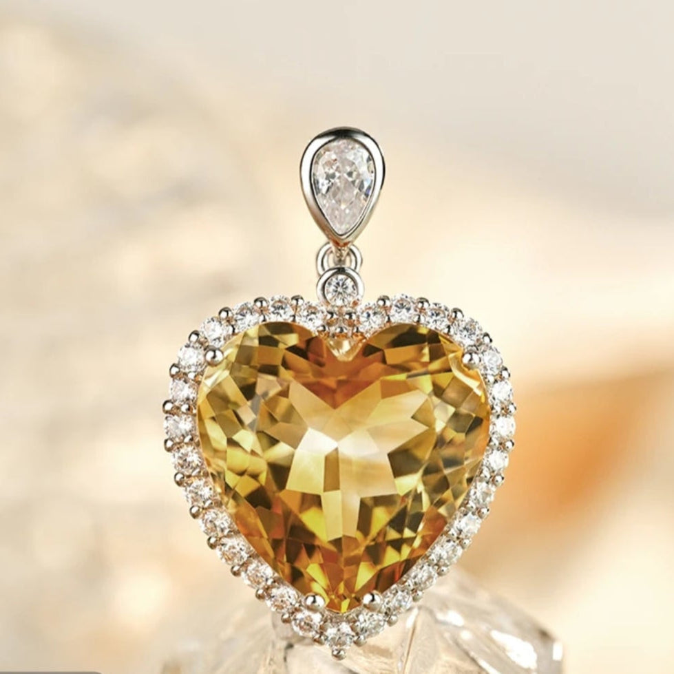 Glojewels Stunning Halo Yellow Natural Citrine Heart Cut Silver Pendant Necklace