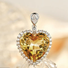 Glojewels Stunning Halo Yellow Natural Citrine Heart Cut Silver Pendant Necklace