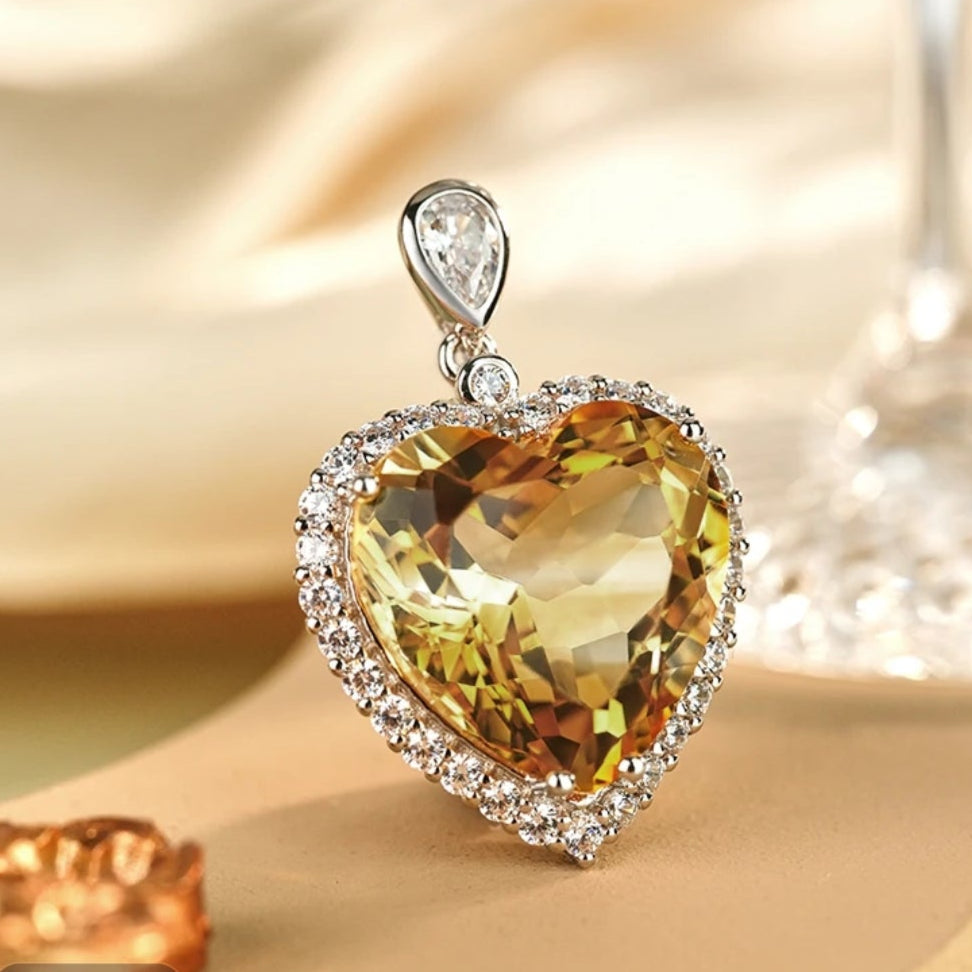 Glojewels Stunning Halo Yellow Natural Citrine Heart Cut Silver Pendant Necklace