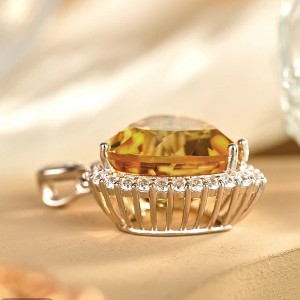 Glojewels Stunning Halo Yellow Natural Citrine Heart Cut Silver Pendant Necklace