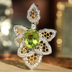 Glojewels Two-Tone Flower Olive Green Natural Peridot Oval Cut Silver Pendant Necklace