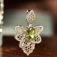 Glojewels Two-Tone Flower Olive Green Natural Peridot Oval Cut Silver Pendant Necklace