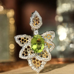 Glojewels Two-Tone Flower Olive Green Natural Peridot Oval Cut Silver Pendant Necklace