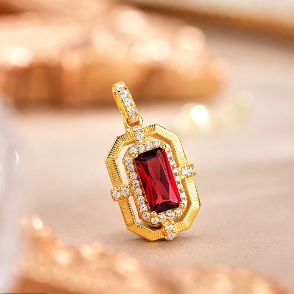 Glojewels Gold Vintage Halo Natural Garnet Emerald Cut Silver Pendant Necklace