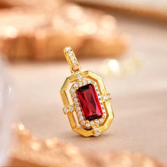 Glojewels Gold Vintage Halo Natural Garnet Emerald Cut Silver Pendant Necklace