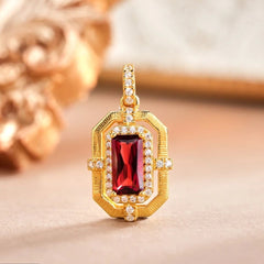Glojewels Gold Vintage Halo Natural Garnet Emerald Cut Silver Pendant Necklace