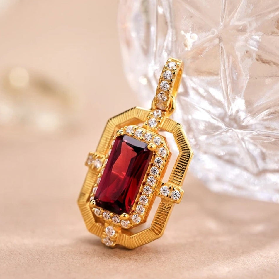Glojewels Gold Vintage Halo Natural Garnet Emerald Cut Silver Pendant Necklace